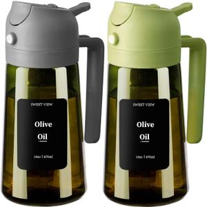 2PCS Olive Oil Dispenser and Oil Sprayer  16oz/470ml Glass Light-Proof Oil Pourer for Kitchen, Air Fryer, Cooking, Salad, and BBQ (Grey&Green)