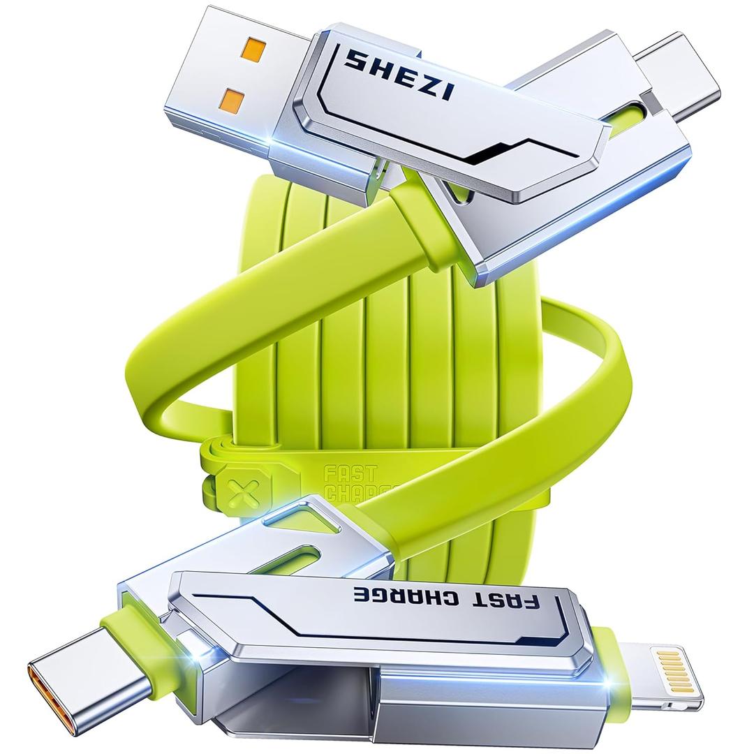 [2025 Upgrade] 4-in-1 USB C Cable 60W 5FT Compatible With Lightning Cable [Fast Charging & Data Transfer] Flat Type C/A to C/L Cord for iPhone/iPad, Multi Charger Wire Combo for All Devices (Green)