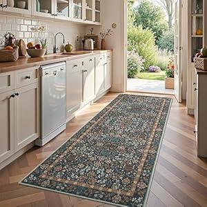 jinchan Floral Runner Rugs 3x8, Washable Kitchen Runners Non-Slip Ultra-Thin Low-Pile Soft Carpet Runner, Botanical Throw Rugs for Hallway Entryway Laundry Room Bedroom, Dark Blue