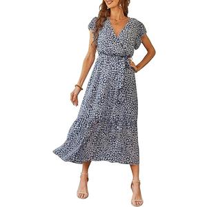 PRETTYGARDEN Women's Summer Floral Boho Maxi Dress Wrap Short Sleeve V Neck Ruffle A-Line Flowy Wedding Guest Long Dresses M