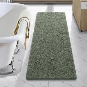 LOCHAS Luxury Bathroom Rug Shaggy Bath Mat 48 x 17 Inch, Washable Non Slip Bath Rugs for Bathroom Shower, Soft Plush Chenille Absorbent Carpets Mats, Sage Green