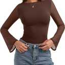 PINKMSTYLE Womens Sexy Sheer Mesh Bell Sleeve Tops Boat Neck Ruched Long Sleeve Shirt Going Out Outfit (Small, Brown)
