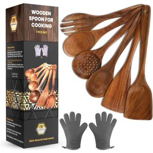 KitchenClick 7-Piece Wooden Spoons for Cooking  Premium Teak Wooden Utensil Set, Nonstick & Heat-Resistant Wooden Cooking Utensils, Durable & Lightweight Spoon Set for Kitchen, Baking & Serving