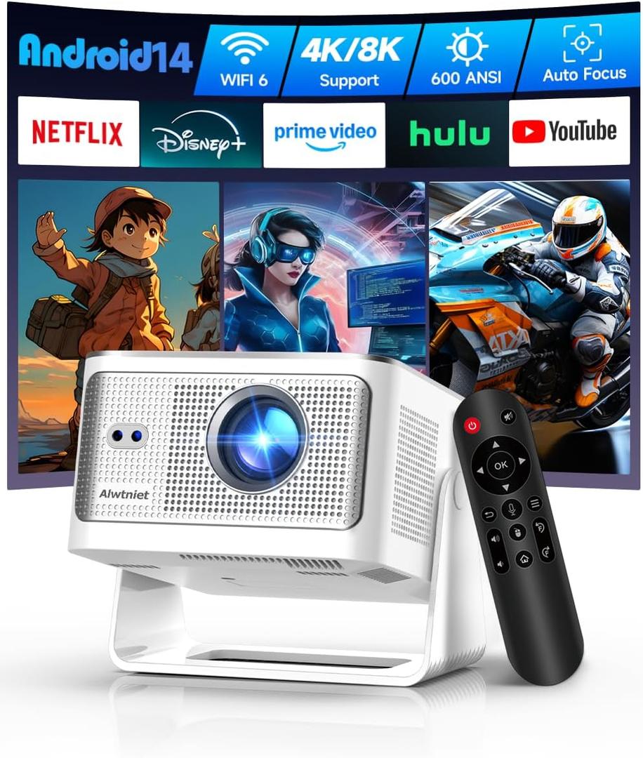 Smart Projector with 4K 8K Support, Android 14 Mini Projector with WiFi6 and Bluetooth5.4, 600 ANSI, Auto Focus & Obstacle Avoidance, 1080P Portable Movie Projector for Home Outdoor, Alwtniet HY350Max