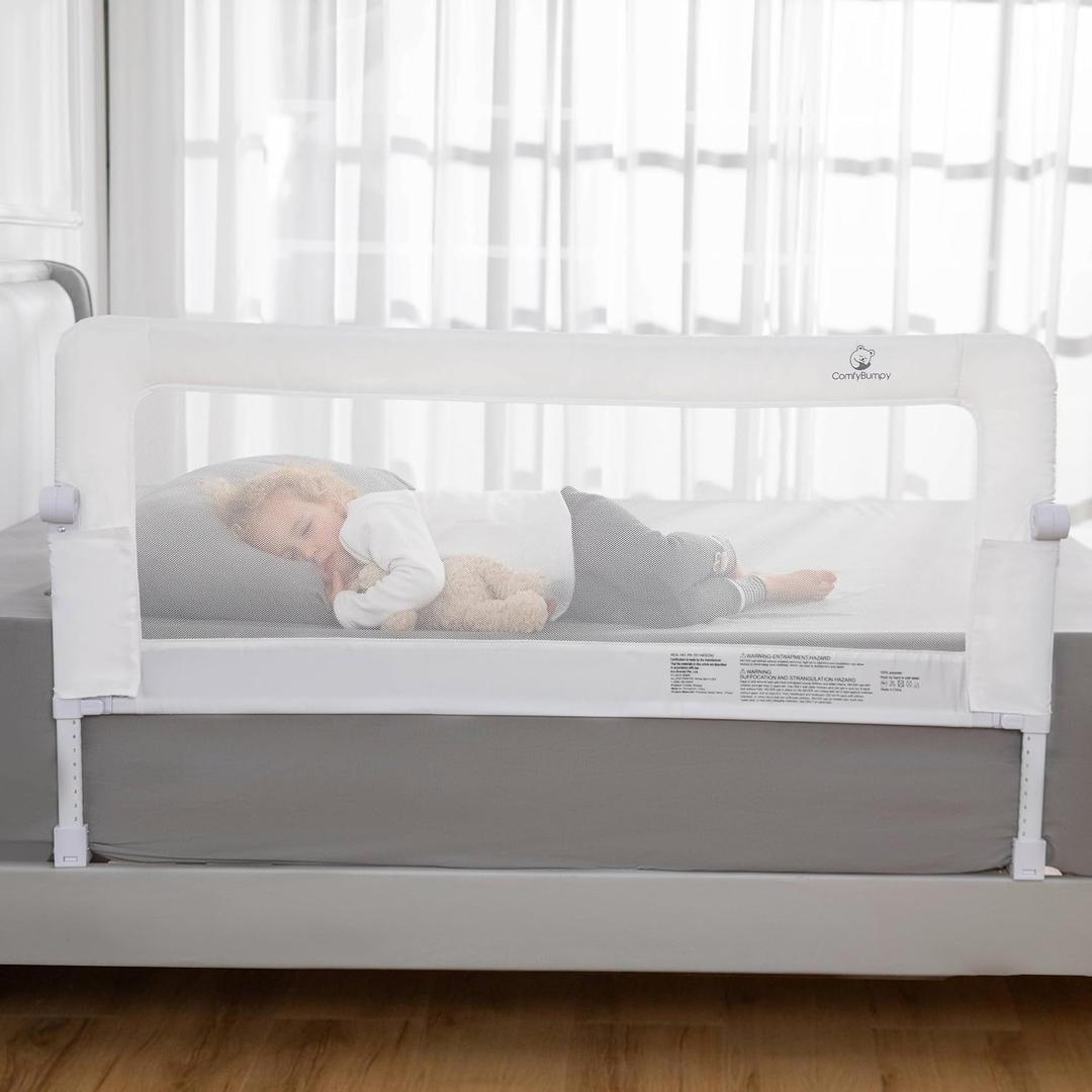ComfyBumpy Premium Adjustable Bed Rail for Toddlers, Swing-Down Safety Guard, Height Adjusts 24.4"–32.3"H, Extra-Long 55.5", Sturdy Steel & Breathable Mesh, For Twin, Full, Queen & King, White, 1-Pack