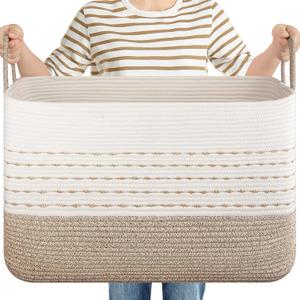 XXL Large Blanket Basket for Living Room, 108L Woven Storage Baskets for Organizing, Rectangle Cotton Rope Basket Toy Chest With Handles--Brown & White