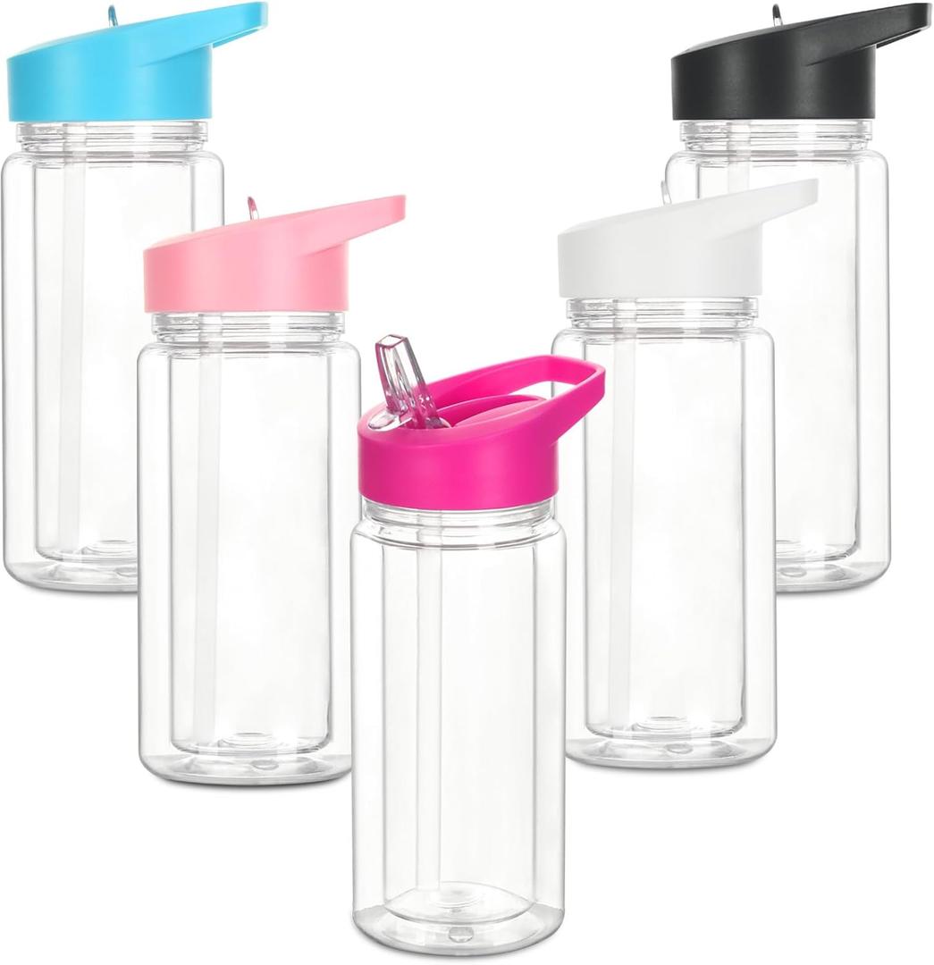 5 Pack 10 Oz Plastic Snow Globe Tumbler for Kids with Pre-Drilled Hole and Plug, Leak Proof Double Wall Snow Globe Sports Water Bottles with Portable Handle for Glitter DIY Gift, Mixed Color