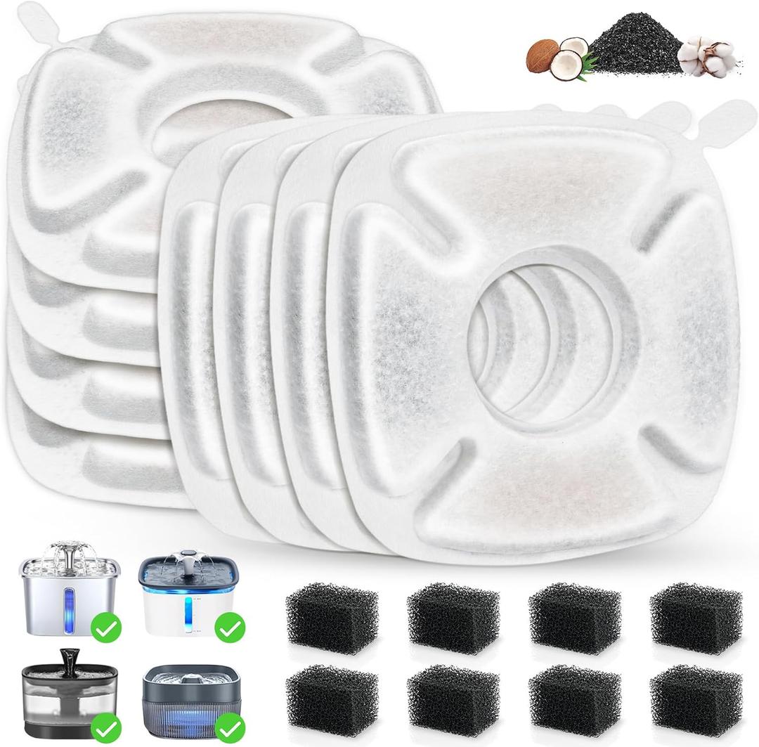 16 Pack Cat Water Fountain Replacement Filters, 8 Pcs Cats Fountain Filters & 8 Pcs Pre-Filter Sponges for 95oz/2.8L 135oz/4L 67oz/2L Automatic Pet Dog Fountain Water Dispenser Filter