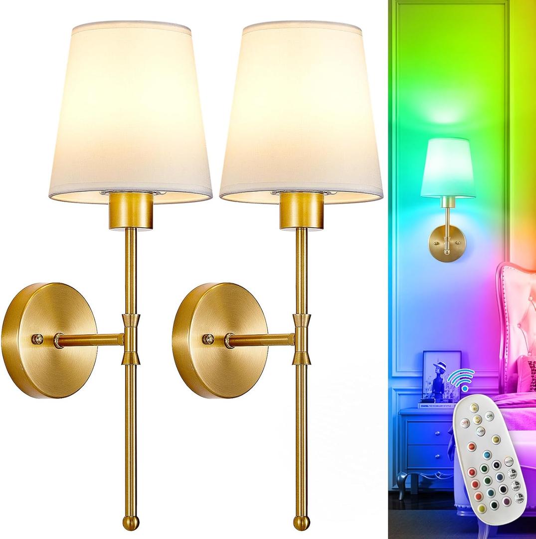 Depuley Battery Operated Wall Sconce: Set of 2 19.99" Wireless Wall Lights with Remote for Bedroom  Rechargeable 15 Colors Gold Wall Lamp for Living Room Hallway Decor