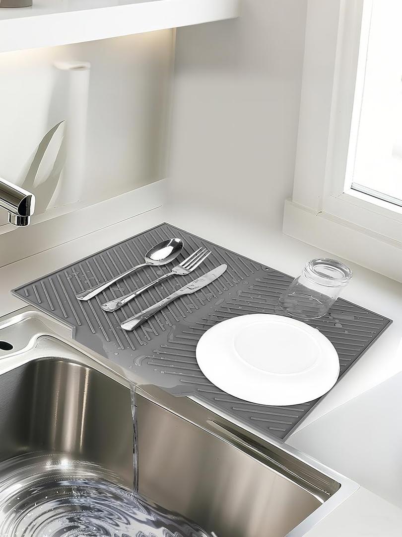 Silicone Dish Drying Mat for Kitchen Counter, Dish Drying Rack, Quick Dry Under Sink Mat, Heat-resistant Dish Drainers for Multiple Usage, Refrigerator or Drawer Liner, 14.5" x 10.23", Dark Gray