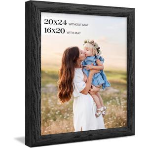 Display 20 x 24 Picture Frame Black. 1.57 Inch Wide Wood Grain Texture, Pictures 16 x 20 with Mat. Horizontal or Vertical Wall 20x24 Picture Frame.