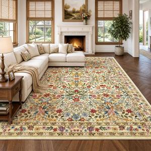 Beauoop 9x12 Floral Washable Beige Neutral Vintage Area Rug for Living Room