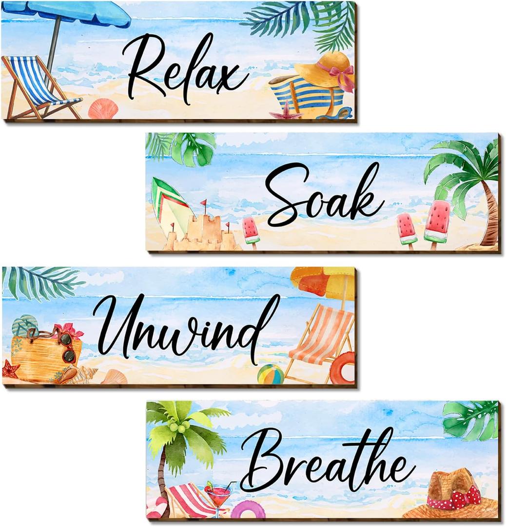 4 Pcs Ocean Beach Bathroom Decor Wall Art, Bathroom Pictures Wall Decor, Wooden Costal Positive Bathrooms Hanging Signs, Relax Soak Unwind Breathe Glitter Toilet Decoration for Spa Laundry 4x12 Inch