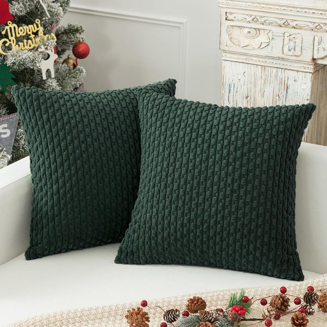 Kevin Textile Christmas Decorative Pillow Covers Set of 2 Striped Plush Corduroy Pillows Pillowcases Boho Home Decor Cushion Covers for Couch Sofa Bed Living Room 26x26 Inch, Army Green