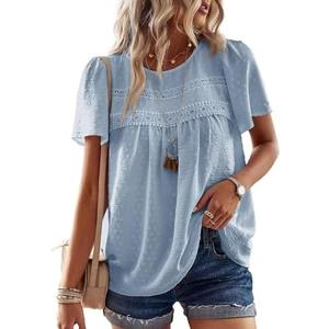 Falechay Womens Summer Tops Crewneck Short Sleeve Shirts Casual Chiffon Blouses Flowy Lace Hem Boho Clothing Trendy 2025 XL