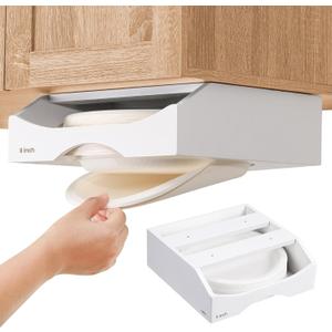9-inch Paper Plate Dispenser Under Cabinet, Bamboo Paper Plate Holders, Kitchen Counter Vertical Plate Dispensers Holders Countertop Caddy(For 9-inch Plates, White)