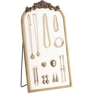Wonderjune 24.8 x 13 Inch Gold Vintage Jewelry Display Stand Large Resin Photo Frame Earring Holder Organizer Velvet Necklace Display Pin Board with 80 Pins for Vendors Jewelry Collectibles(Arched)