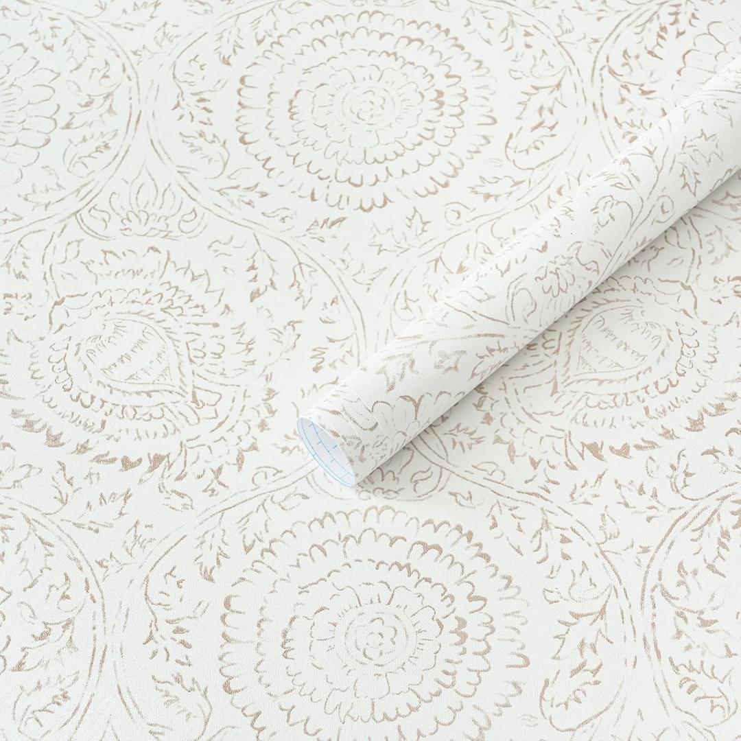 Heroad Boho Peel and Stick Wallpaper Modern Floral Wall Paper Neutral Beige Contact Paper Self Adhesive Removable Renter Friendly Wallpaper for Bedroom Living Room Shelf Liner Vinyl 17.3'' x 197''