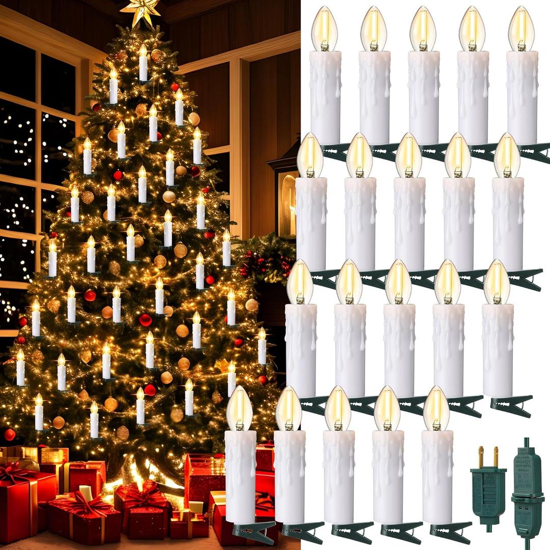 Hohean 20 Pcs C7 LED Bulbs Clip on Candles for Christmas Trees, Pcs Large Flameless Candle Lights, Warm White C7 LED Taper Candle String Lights for Holiday Wedding Party Decoration