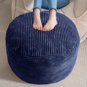 HIGOGOGO Round Stuffed Pouf Ottoman, Corduroy Poufs with Foam Chunk Filling, Furry and Fluffy Pouf Foot Stool Storage Ottoman, 26 X 18 Floor Poufs Foot Rest for Living Room, Navy