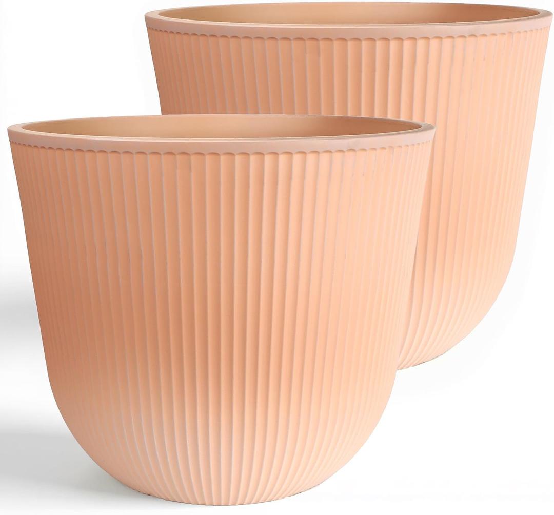 Worth Garden Round Large Planter Pot Set of 2, 17.5" Dia x 15.5" H - Durable Plastic Terracotta Plant Tree Pots with Vertical Stripe Textured Finish, Drainage Hole for Indoor Outdoor Front Porch Patio, 2-Pack