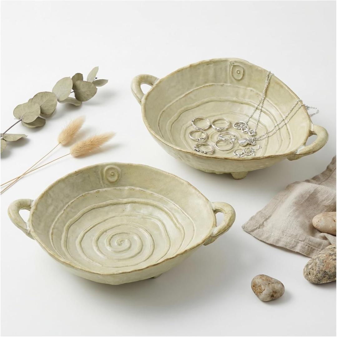2 Piece Ceramic Decorative Bowl, Handmade Key Bowl for Entryway Table with Handles, 7.7'' Candy Dish Fruit Holder for Office Desk, Bedroom, Kitchen, Microwave Dishwasher Safe