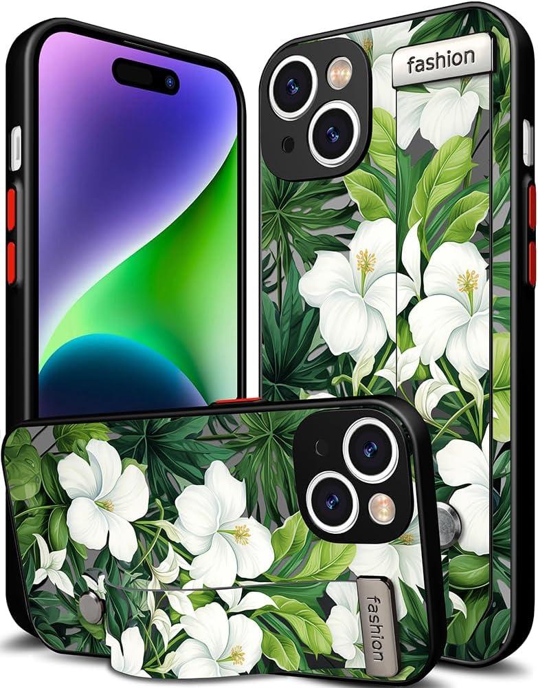 Compatible for iPhone 14 Case Cute with Strap Stand Finger Kickstand, Designer Cool Silicone Cases Funda Cover - Green Fresh Tropical Leaves