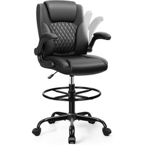 Drafting Chair,Tall Office Chair for Standing Desk,High Executive Leather Ergonomic Computer Chair with Adjustable Height and Flip-Up Armrest for Counter Height Desk,Black