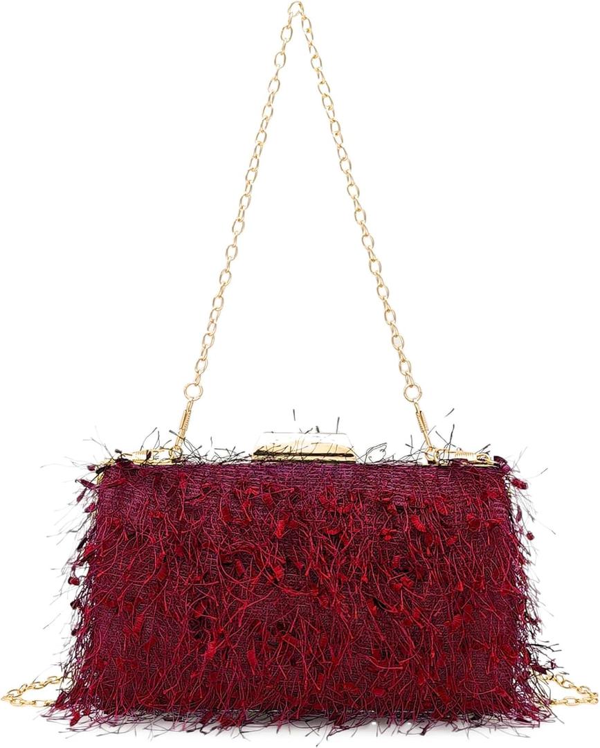 Women's Fuzzy Tassel Clutch Purses Square Crossbody Bag Evening Wedding Party Handbag With Chain