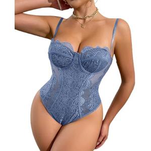 WADAYUYU Blue Lace Corset Bodysuit for Women Sexy Underwire Bustier Top Floral Lace Shapewear Bodysuit One Piece Corset Top for Women Night Out Club Outfit Sexy Lingerie M