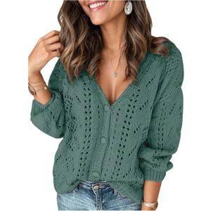 GORGLITTER Women's Crochet Cardigan Lightweight Long Sleeve Button Up Knit Tops Casual Dressy Spring Fashion Clothes (Green, XL)