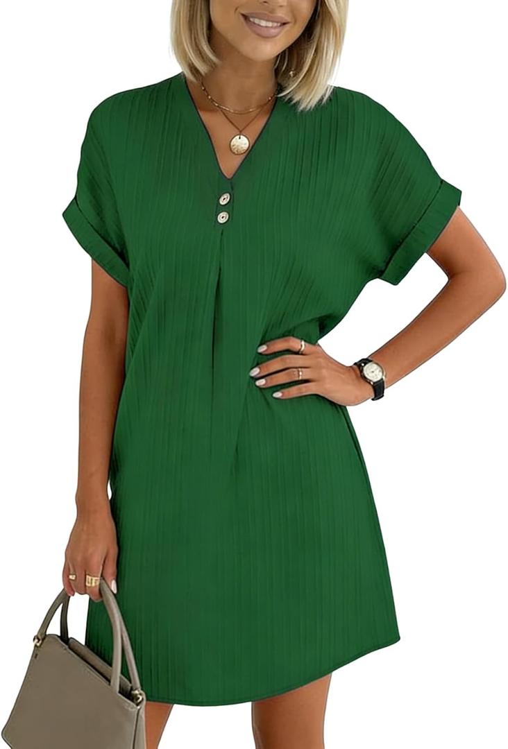 Summer Dresses for Women 2026 Short Sleeve Shift Dress V Neck Casual Mini Beach Vacation Sundress Loose Size (Green, L)