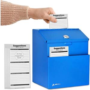 Adir Suggestion Box with Slot and Lock with 25 Comment Cards and Label Stickers, Blue (Pack of 1)