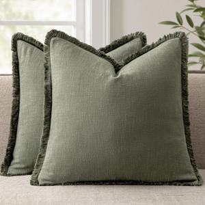 ANRODUO Set of 2 Decorative Throw Pillow Covers 1818 Inch Soft Linen Fringe Farmhouse Boho Vintage Cushion Cover with Tassels Accent Pillowcase for Couch Sofa Bed Living Room Spring Decor Olive Green