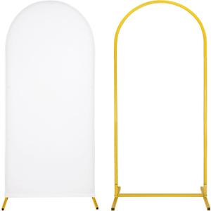 Metal Arch Stand and Cover Set,1 White Spandex Fitted Backdrop with 1 Gold Wedding Arched Stand Frame for Parties Birthday Baby Shower Bridal Banquet Decoration (6FT)
