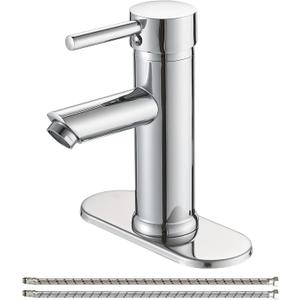 Bathroom Faucets 1 Hole, Single Handle One Hole Bathroom Sink Faucet, Commercial Deck Mount Lavatory Vanity Faucet with Cover Plate and Supply Line, Chrome (Short)