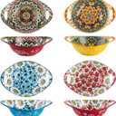 Henten Home Ceramic Salad Bowls Set, 19 oz Porcelain Soup Bowl Set of 4, Colorful Serving Bowls with Handle for Dinner, Pasta, Oatmeal, Bohemian Style, Microwave & Dishwasher Safe