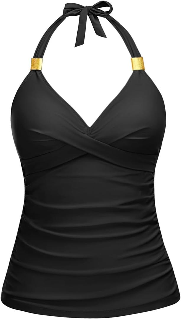 Yonique Women's Halter Tankini Top V Neck Swim Top Tummy Control Bathing Suit (XX-Large, Black03)