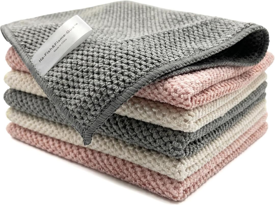 Ha-Fish&Flame-Gua Microfiber Cleaning Cloths 6-Pack, Super Absorbent & Textured Towels for Kitchen, Countertops & Household Cleaning – Practical, Not Plush – 12x16 Inches
