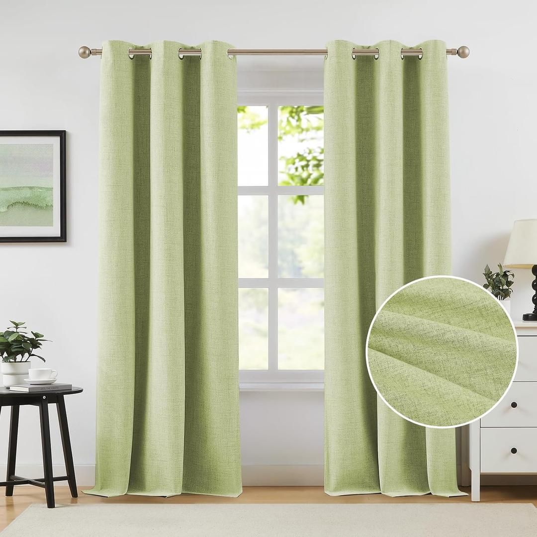Melodieux Sage Green Blackout Linen Textured Curtains 63 Inch Length, Elegant Farmhouse 100% Light Blocking Thermal Insulated Grommet Lined Drapes for Bedroom Living Room, 42x63 inch, 2 Panels