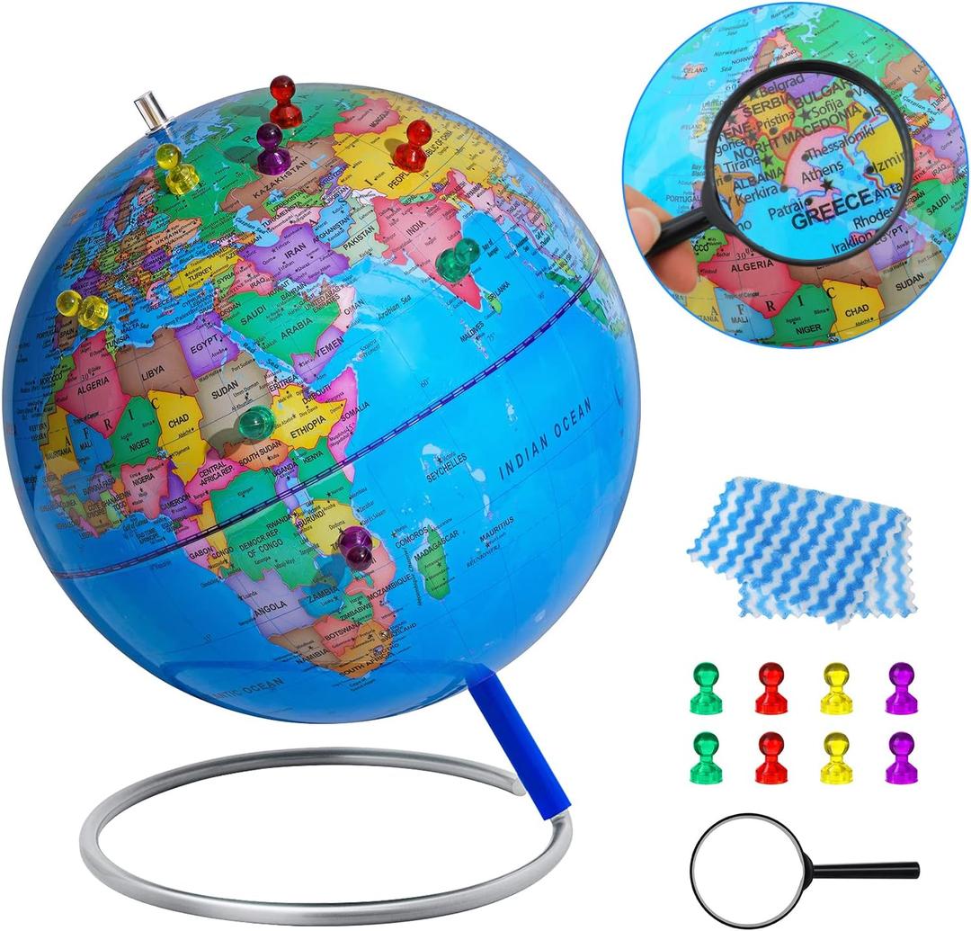 9" World Globe for kids Learning, Classroom Desk, Geographic Globe with iron Stand & colorful Magnetic Push Pins & magnifier & handkerchief, 360 Horizontal Rotation Educational World Globe, Blue