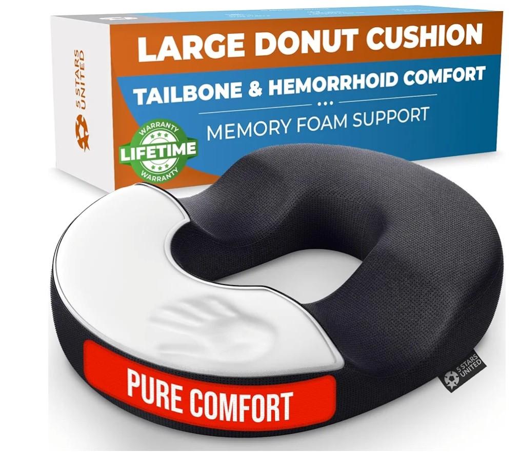 5 STARS UNITED Donut Pillow Hemorrhoid Tailbone Cushion – Large Cushion for Pain Relief – Coccyx, Prostate, Sciatica, Pelvic Floor, Pressure Sores, Pregnancy, Postpartum Recovery, Black