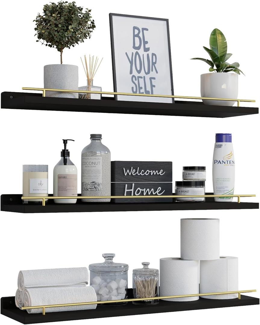 WOPITUES Floating Shelves 24 inch with Gold Metal Guardrail, Shelves for Wall Decor Set of 3, Wall Shelves for Bedroom, Bathroom, Kitchen, Living Room, Plants, Picture Frames, Art- Black and Gold, 23.6 inch