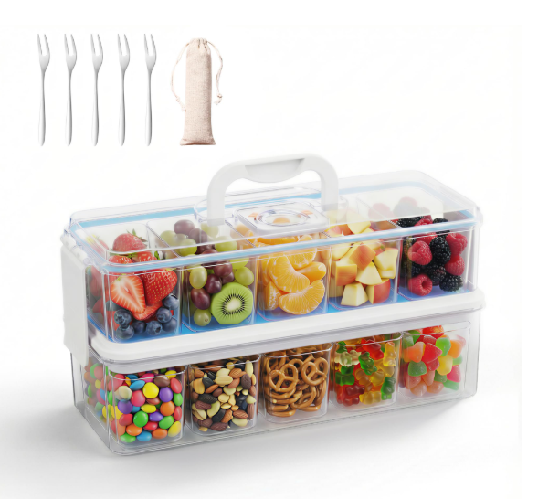 Double-Layer Portable Snack Organizer Box with 2 Ice Packs, 10-Compartment Food Storage Container, Dishwasher-Safe Chilled Snack Tray for Travel, Picnics & Outdoor Parties