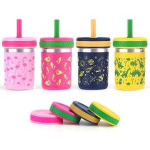 Sursip 15 oz Toddler Kids Cups with Lids and Straws, Stainless Steel Toddler Spill Proof Sippy Cups (4 Pack-Pink/Mermaid Seaweed/Galactic Sky/Dino)