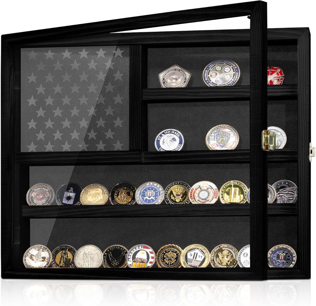Challenge Coin Display Case, Lockable Military Coin Holder Cabinet with Removable Star Board & HD Tempered Glass Door, Solid Wood Wall Mount Coins Collection Rack Stand, Black