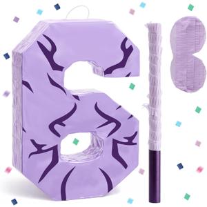 Sosation Number 6 Pinata with Kpop Theme Tattoo Design 15.7" H Purple Pinata with Stick Blindfold Confetti for Kpop Theme Party Birthday Anniversary Party Decorations Supplies