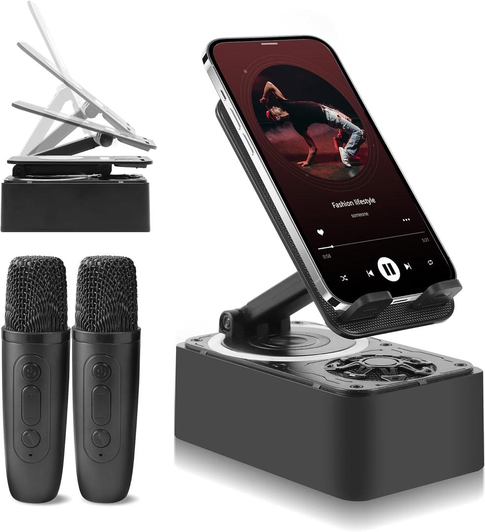 Wireless Induction Bluetooth Speaker 7-in-1 Phone Holder with Featuring Dual Microphones, Emergency Rechargeable (2000mAh) with Color Ambient Lights,300 Foldable for iPhone/iPad/Tablet