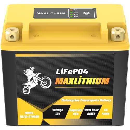 Maxlithium 12V 8Ah 480A Lithium Motorcycle Battery, Smart BMS LiFePO4 Powersport Battery Replaces YTX12-BS, YTX14-BS, YTX16-BS, YTX20L-BS, Compatible with ATV, UTV, Snowmobile, Motorboat, Lawn Mower