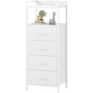 Somdot White Nightstand with 4 Drawers, Vertical Storage Tower Fabric Dresser for Bedroom, Nightstand Bedside Table Furniture, Sturdy Steel Frame, Wooden Top & Easy Pull Fabric Bins (11.4"D x 15.2"W x 36.3"H (4 Drawers))